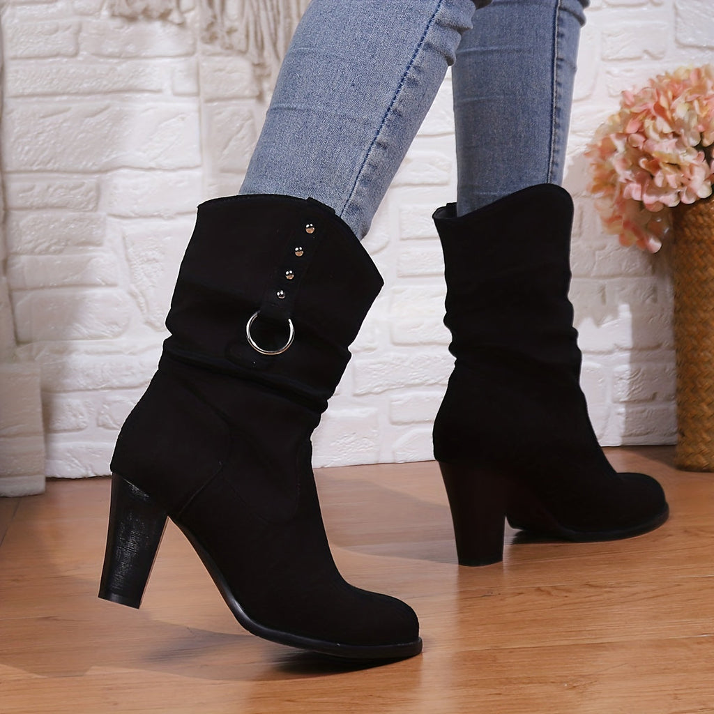 Women's Western Ankle Boots – Slouchy, Block Heel, Black – view 4