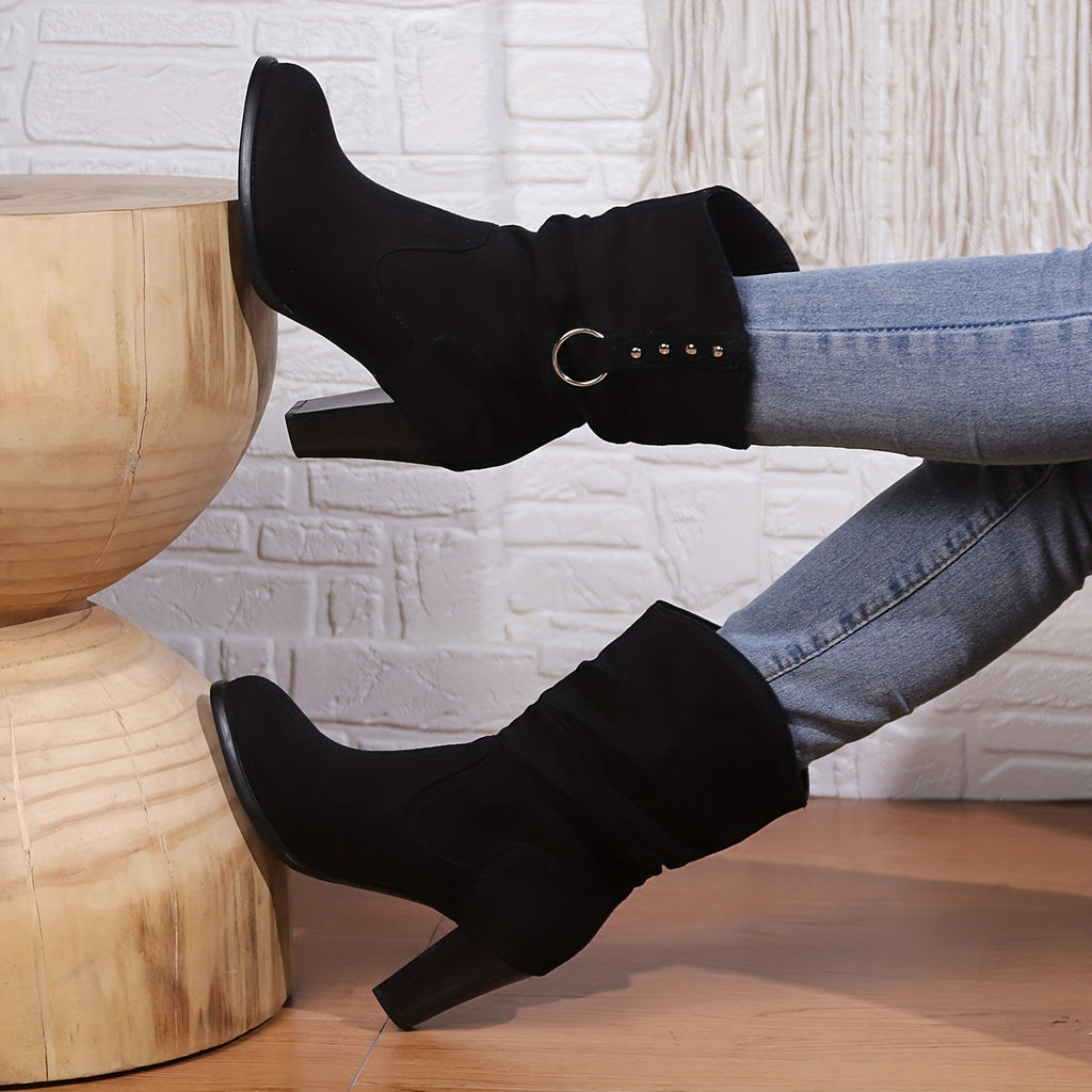 Women's Western Ankle Boots – Slouchy, Block Heel, Black – view 5