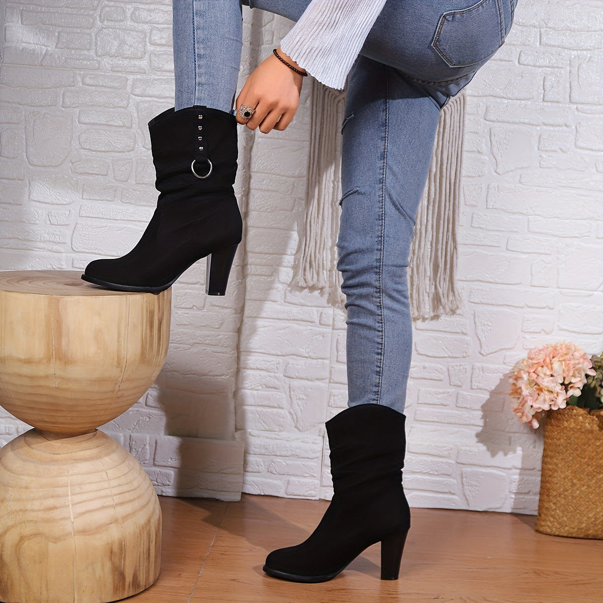 Women's Western Ankle Boots – Slouchy, Block Heel, Black – view 6