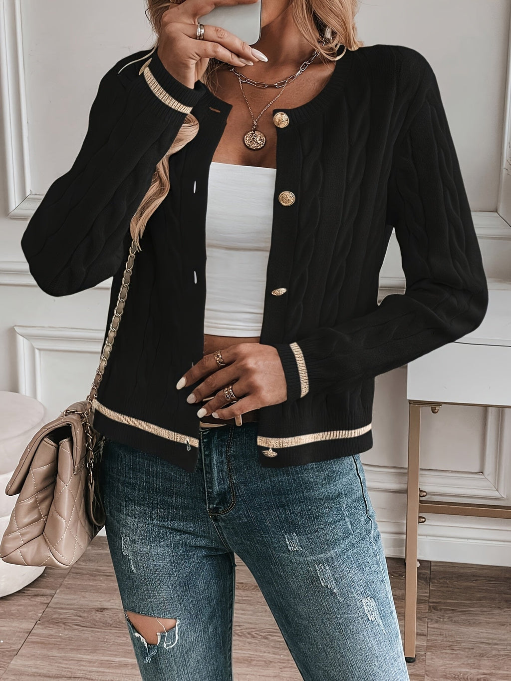 Women's Cable Knit Cardigan – Gold-Tone Buttons – view 3