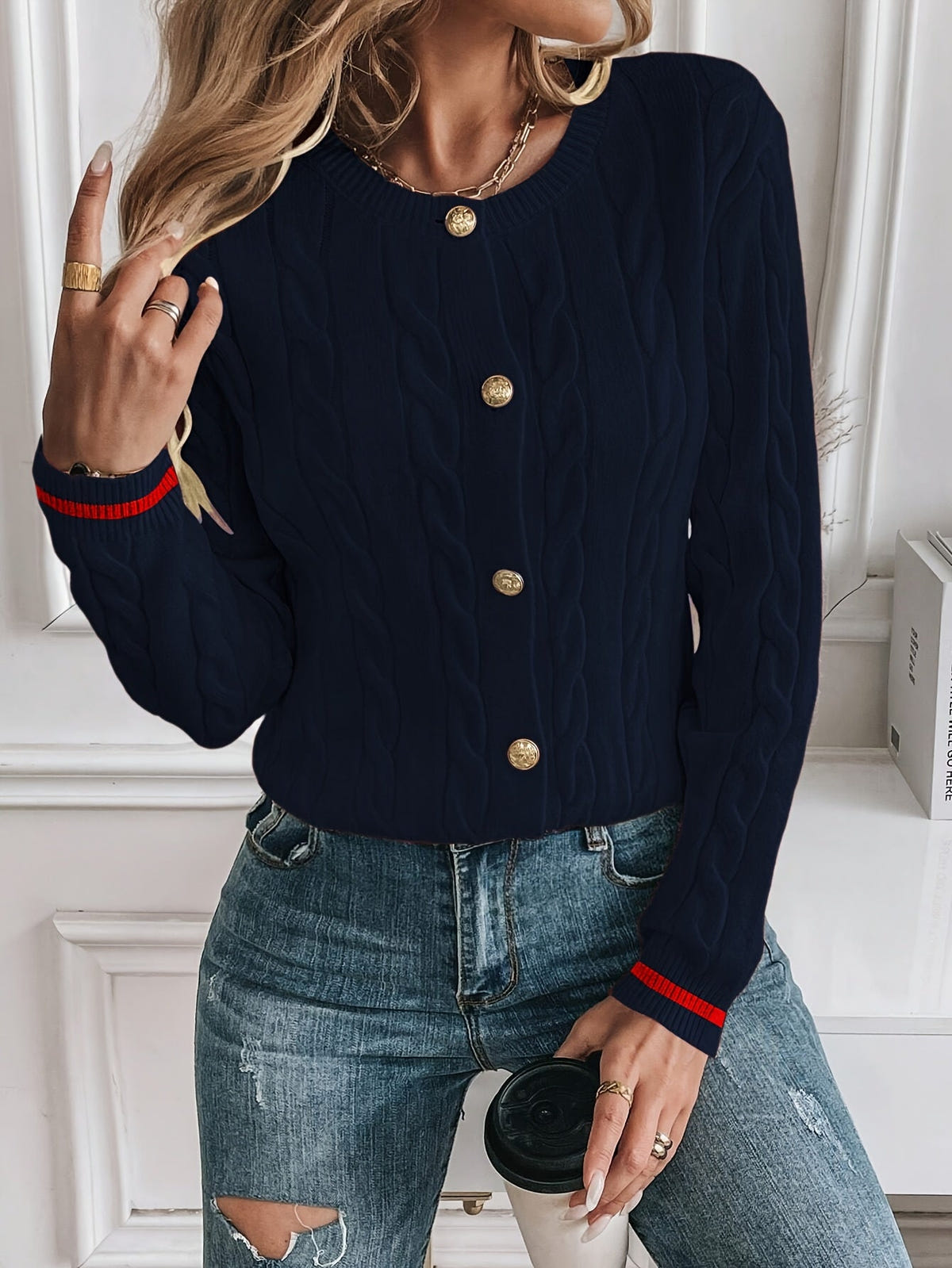 Women's Cable Knit Cardigan – Gold-Tone Buttons – view 12
