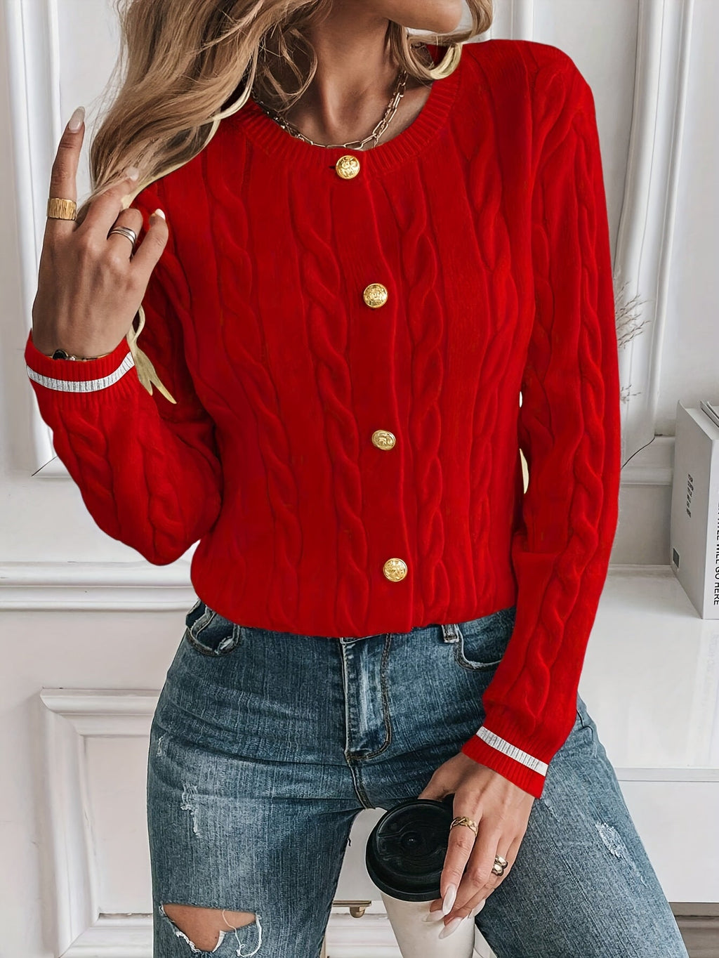 Women's Cable Knit Cardigan – Gold-Tone Buttons – view 17