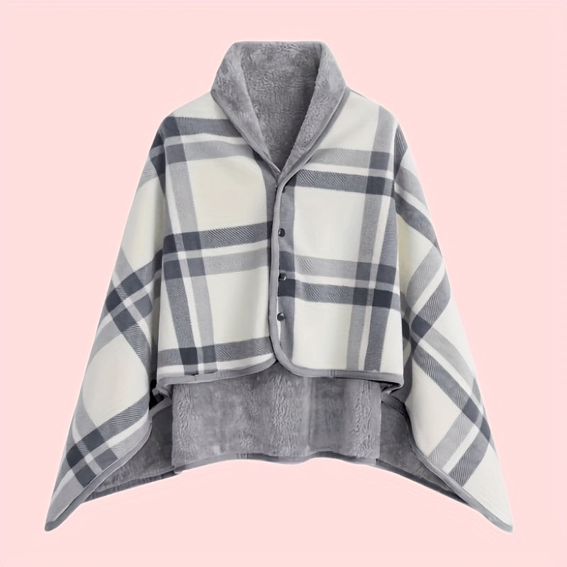 Women's Plaid Shawl Wrap in Gray Grid – Button Front