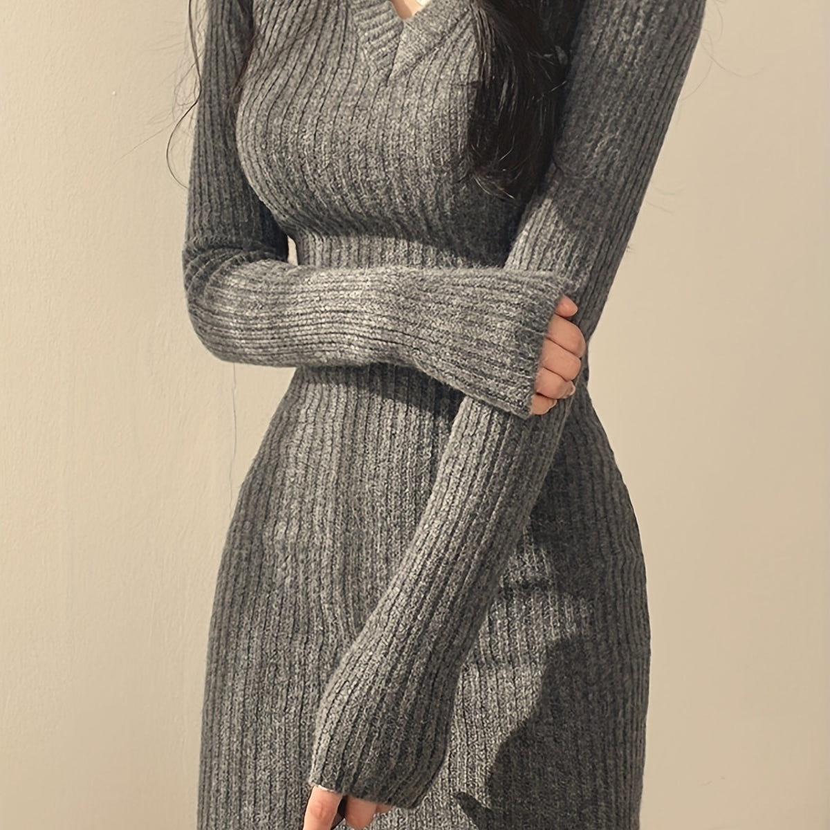 Women's Sweater Dress in Gray – Ribbed V-Neck, Fitted