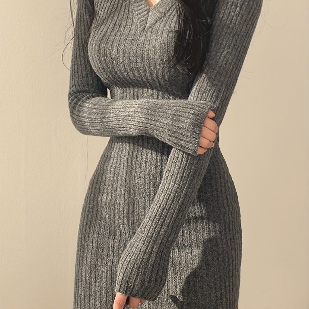 Women's Sweater Dress in Gray – Ribbed V-Neck, Fitted