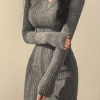 Women's Sweater Dress in Gray – Ribbed V-Neck, Fitted