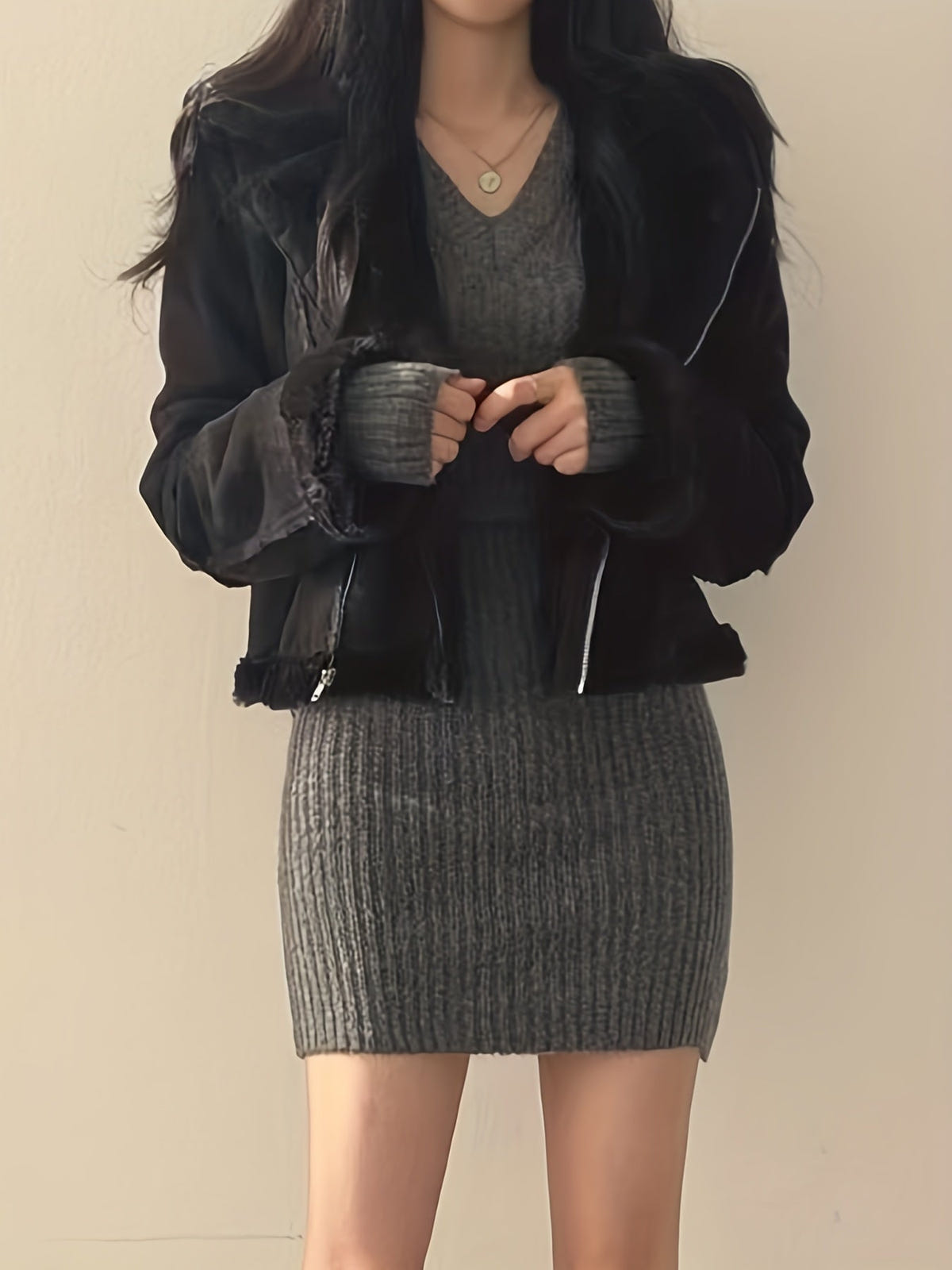 Women's Sweater Dress – Ribbed V-Neck, Fitted – view 5