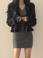 Women's Sweater Dress – Ribbed V-Neck, Fitted – view 5