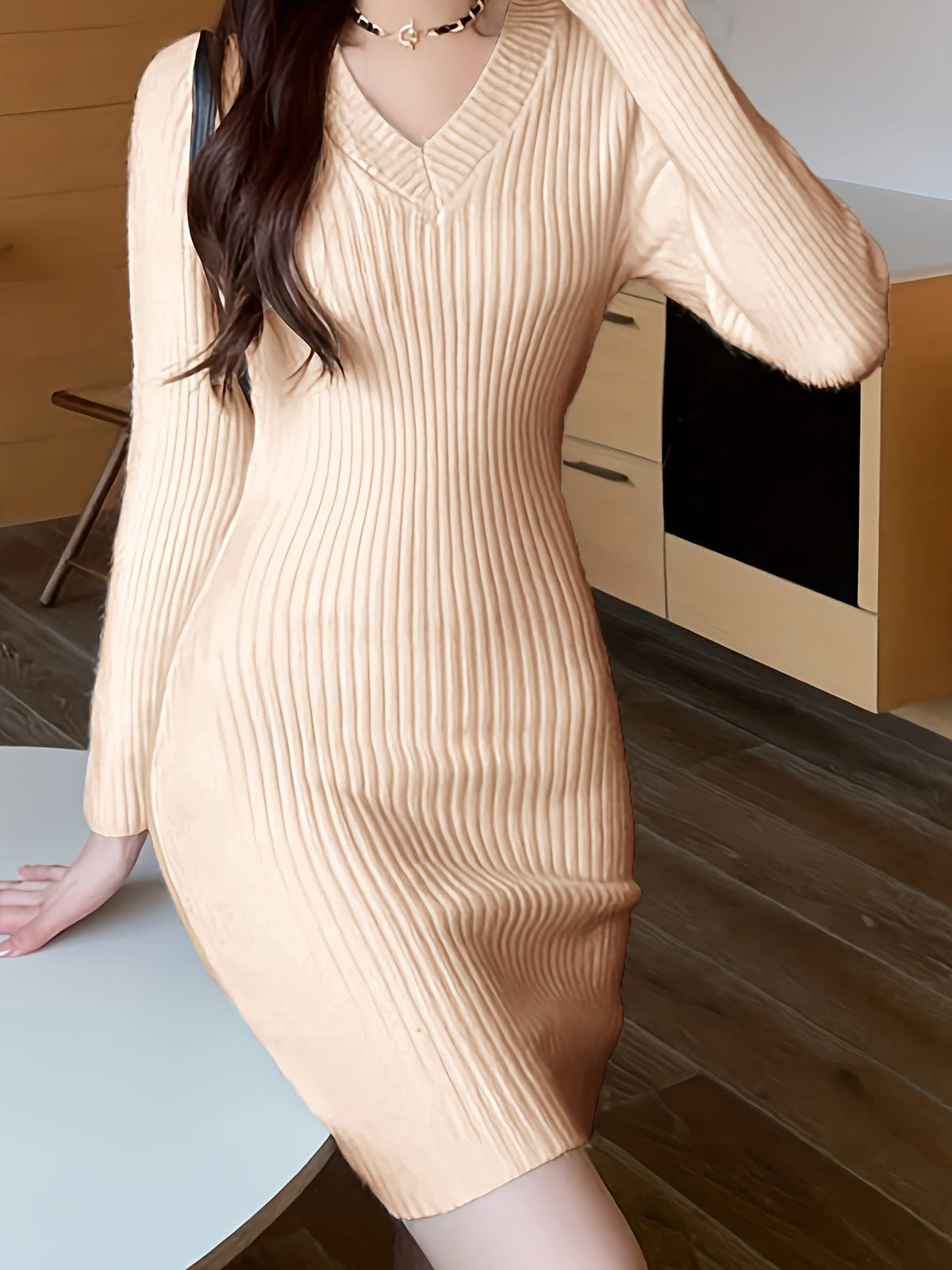 Women's Sweater Dress – Ribbed V-Neck, Fitted – view 11