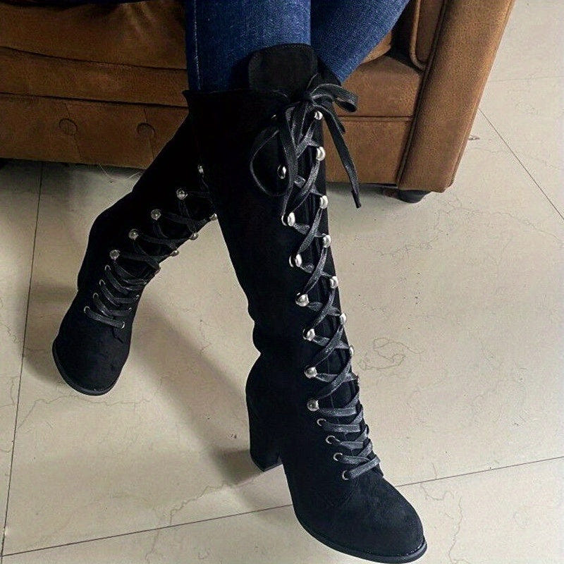 Women's Tall Lace-Up Boots in Black – Block Heel