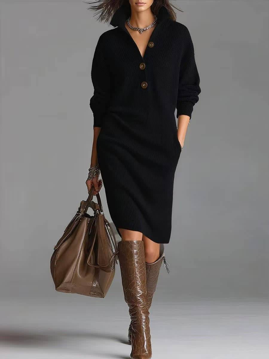 Women's Sweater Dress in Black – Button Collar, Pockets