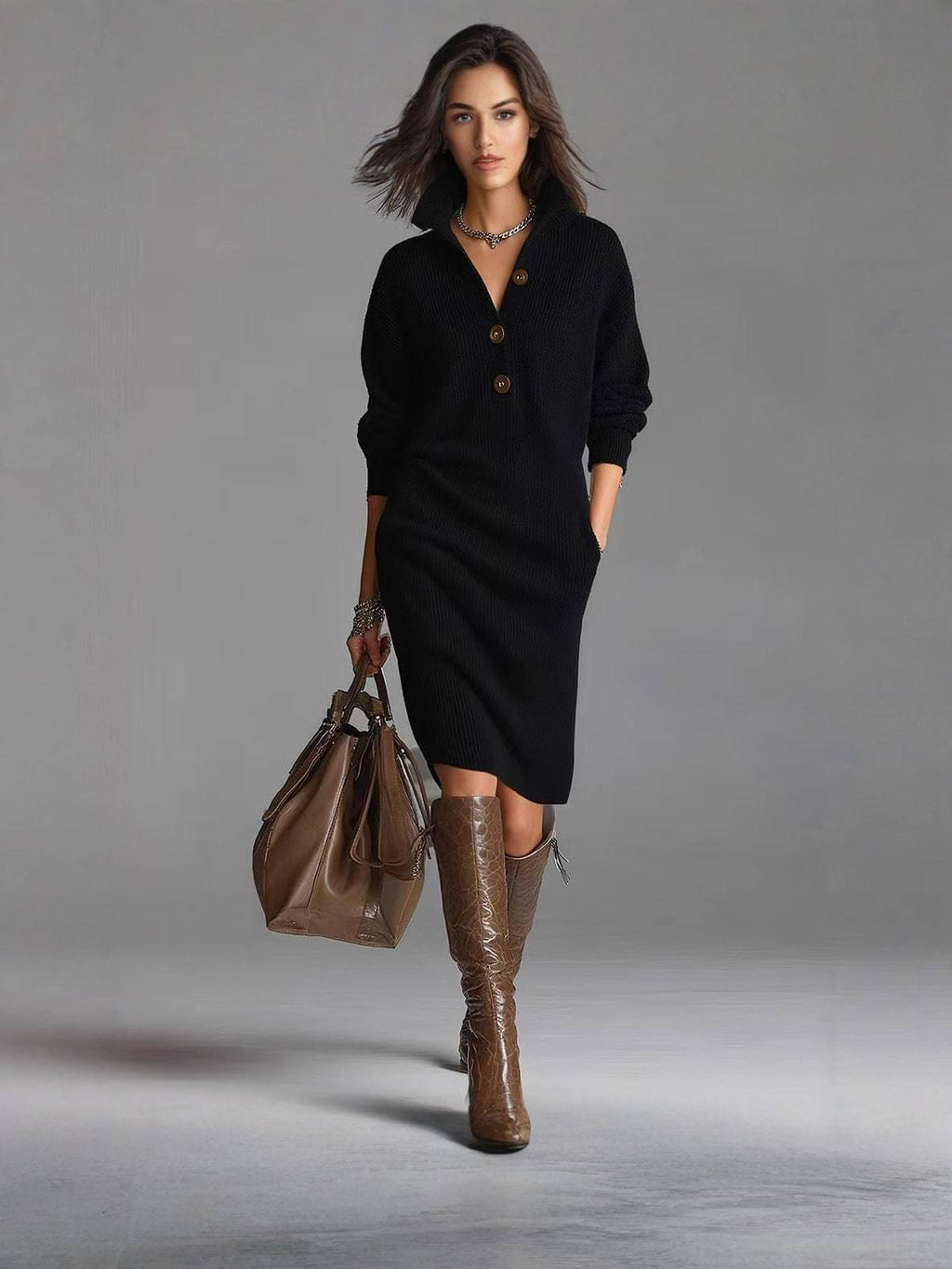 Women's Sweater Dress – Button Collar, Pockets – view 6