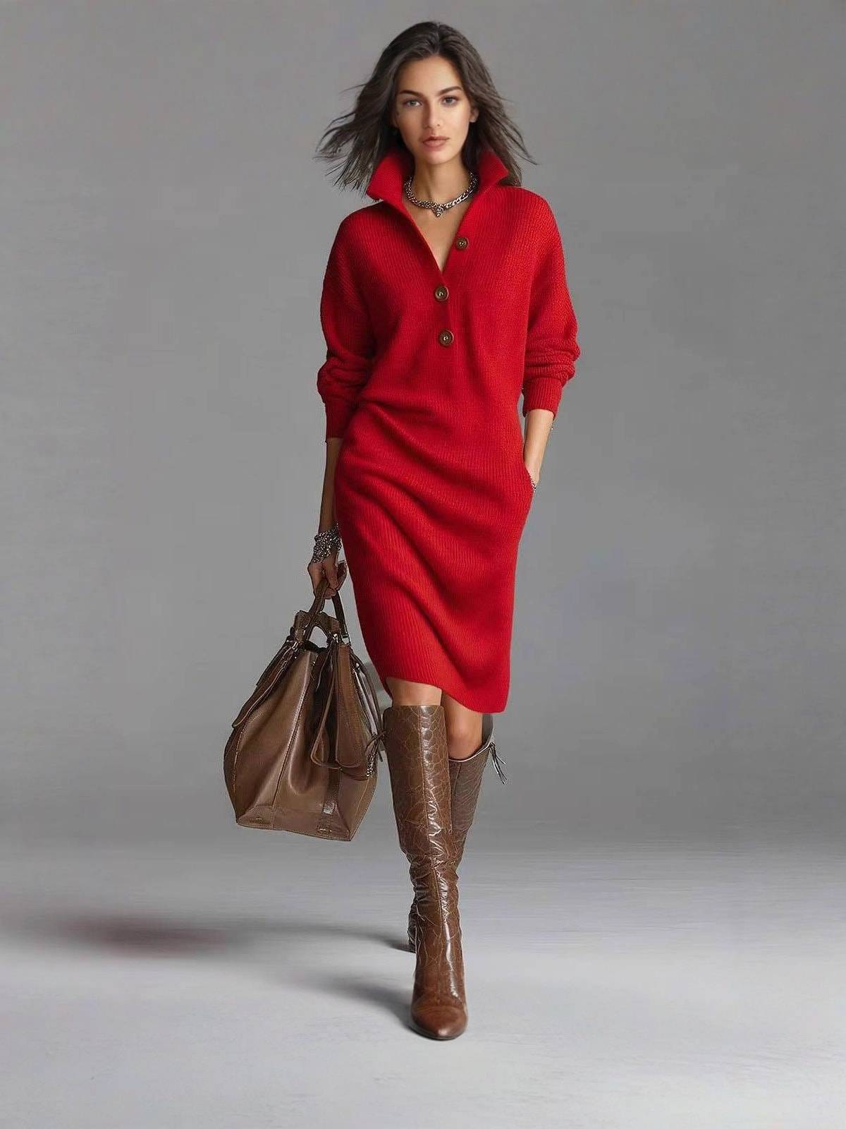 Women's Sweater Dress – Button Collar, Pockets – view 8
