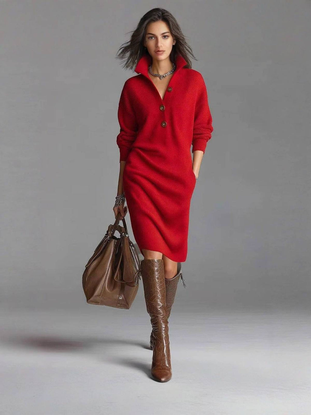 Women's Sweater Dress – Button Collar, Pockets – view 8