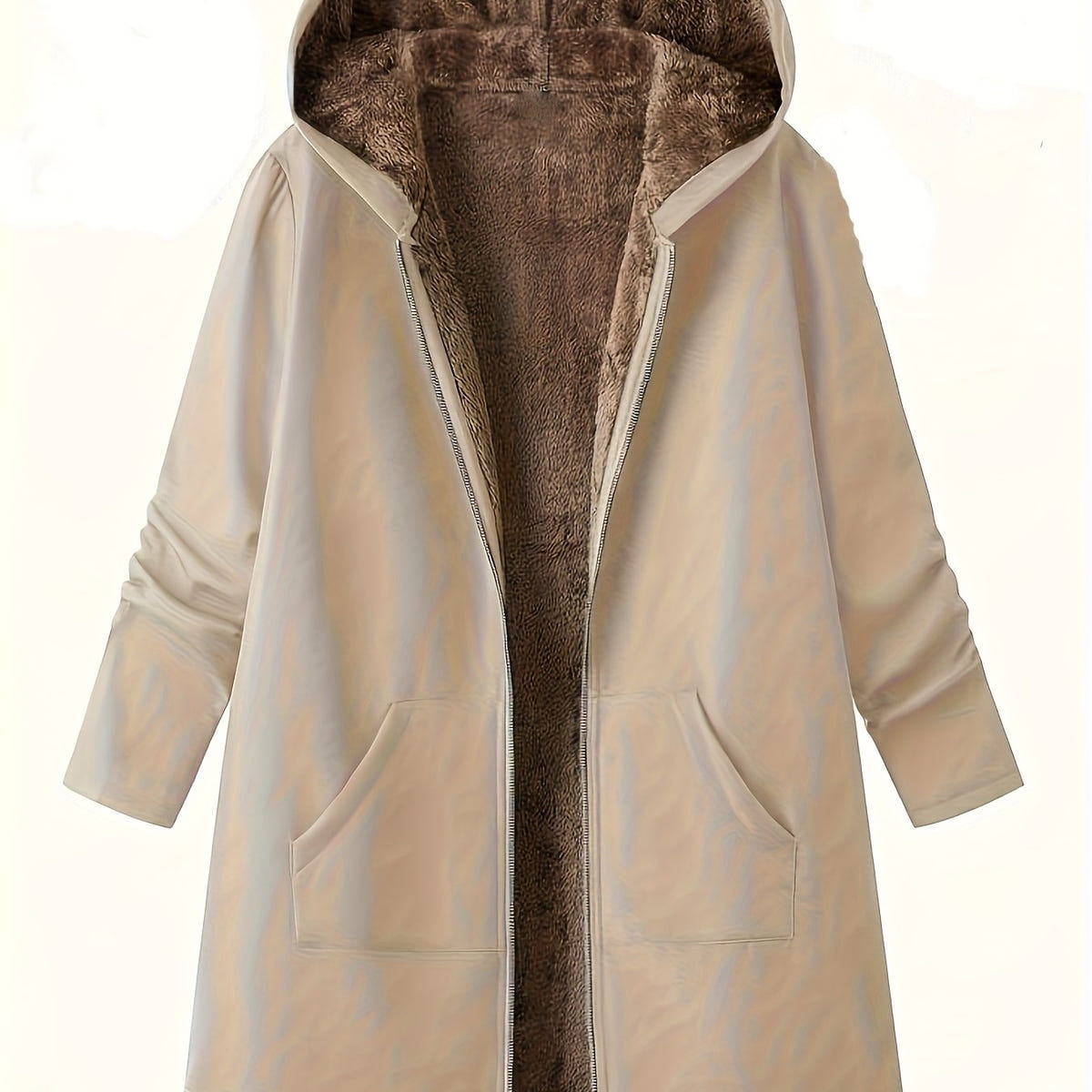 Women's Hooded Winter Coat in Khaki – Plush Lined, Longline