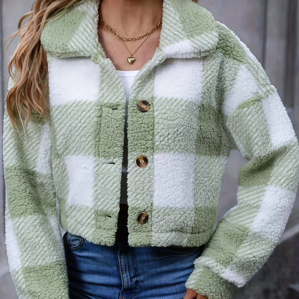 Women's Cropped Plaid Jacket in Light Green – Button Front