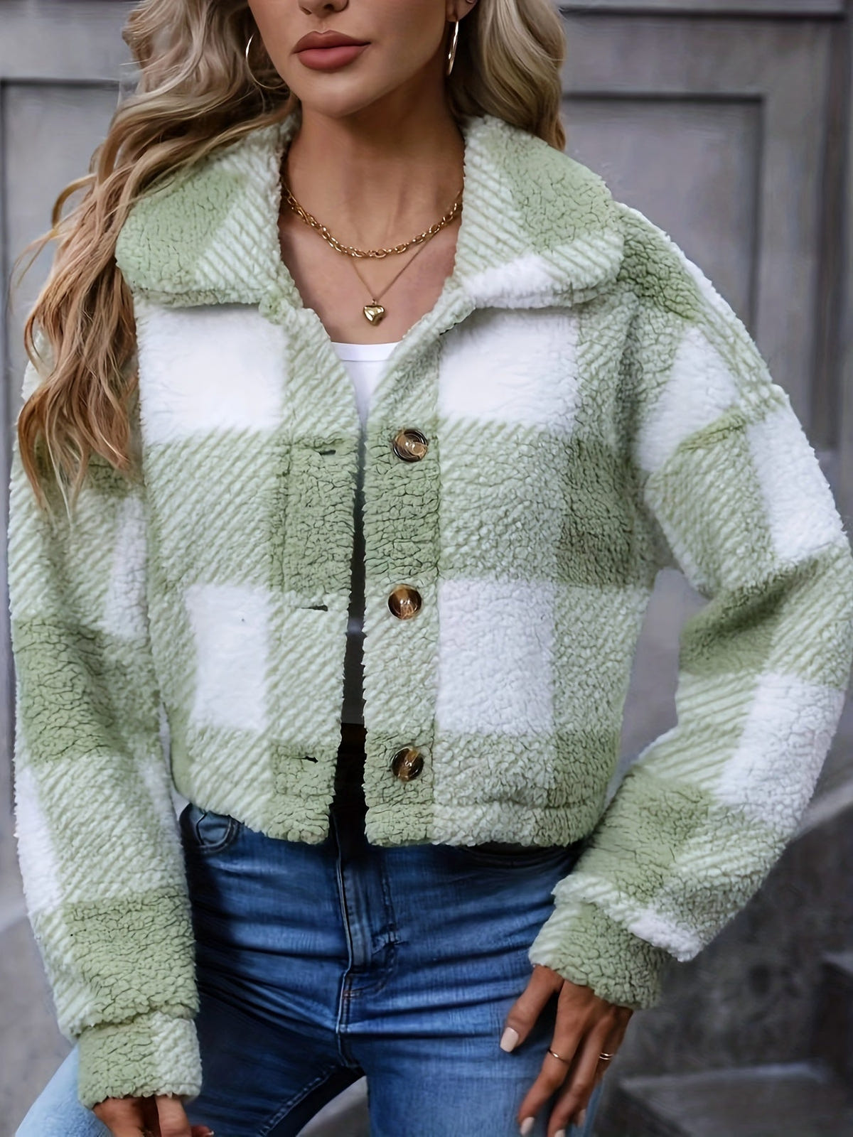 Women's Cropped Plaid Jacket – Button Front – view 2