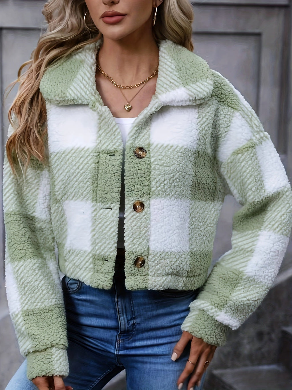 Women's Cropped Plaid Jacket – Button Front – view 2