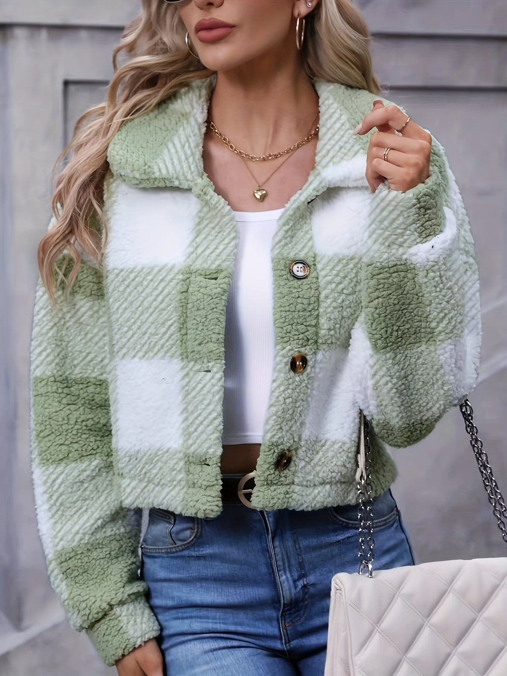 Women's Cropped Plaid Jacket – Button Front – view 4