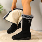 Women's Winter Boots in Black – Tall, Plush Trim, Buckle