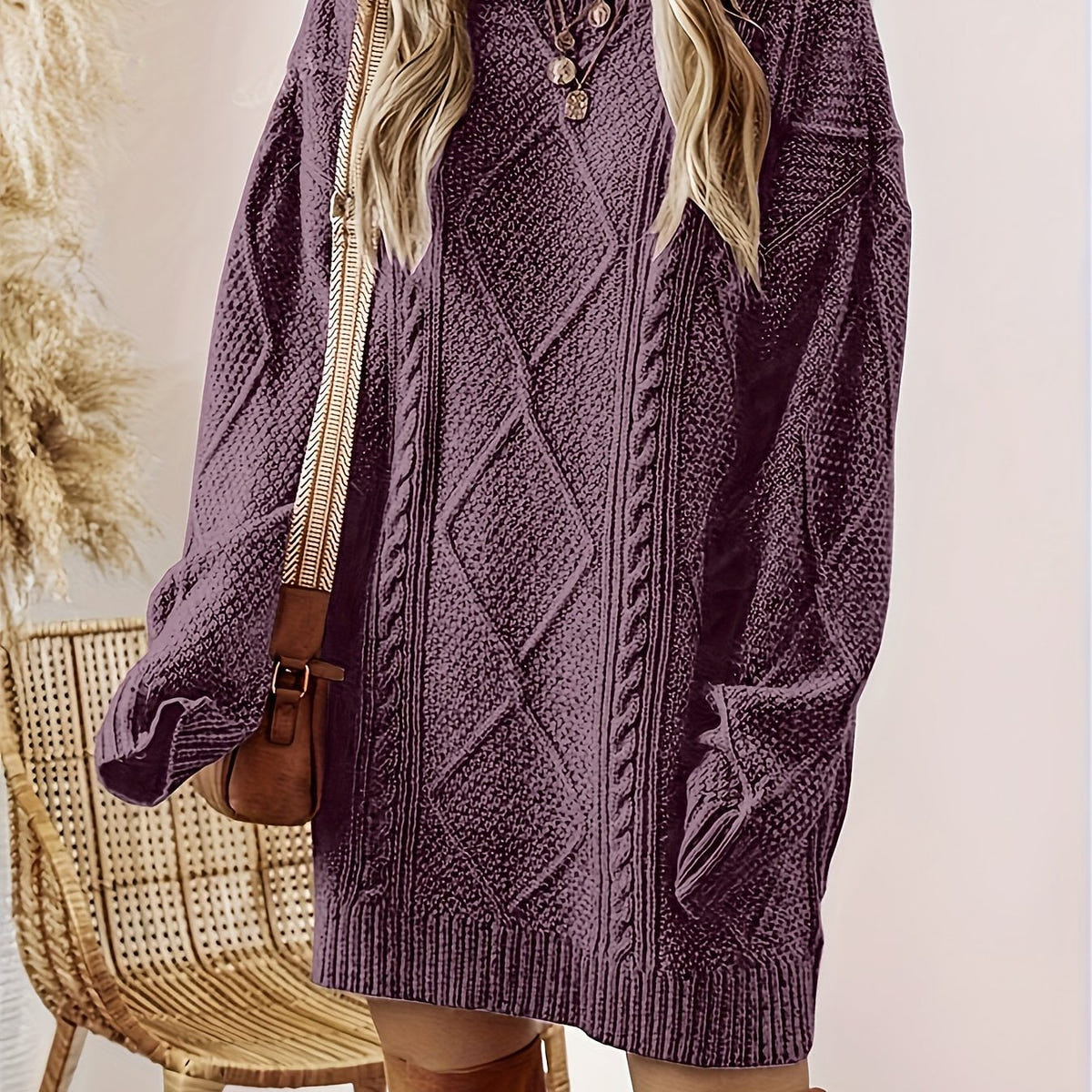 Women's Cable Knit Sweater Dress in Purple – Diamond Pattern