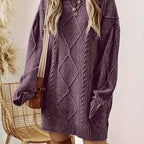 Women's Cable Knit Sweater Dress in Purple – Diamond Pattern