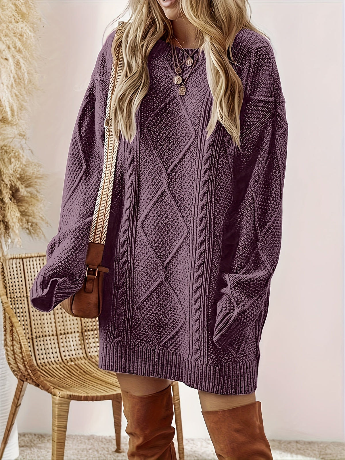Women's Cable Knit Sweater Dress – Diamond Pattern – view 2