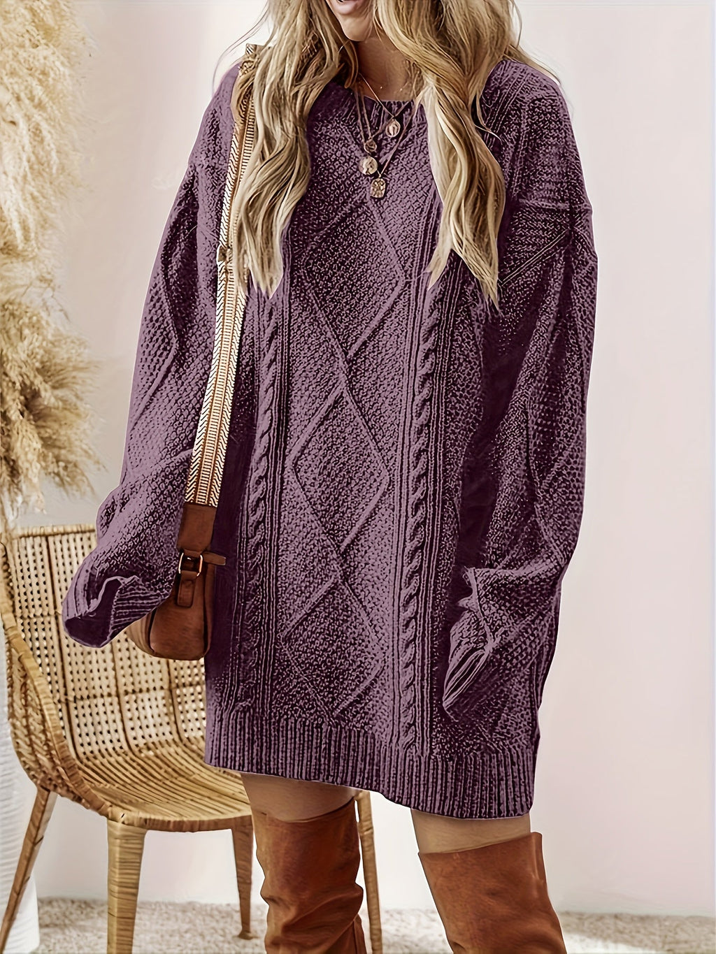 Women's Cable Knit Sweater Dress – Diamond Pattern – view 2