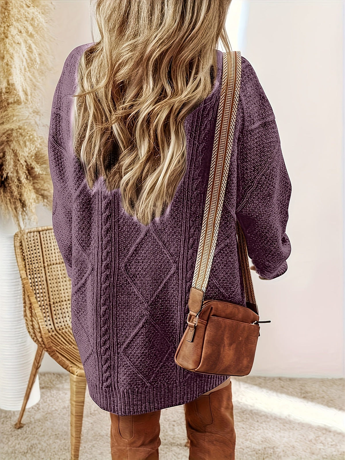 Women's Cable Knit Sweater Dress – Diamond Pattern – view 3