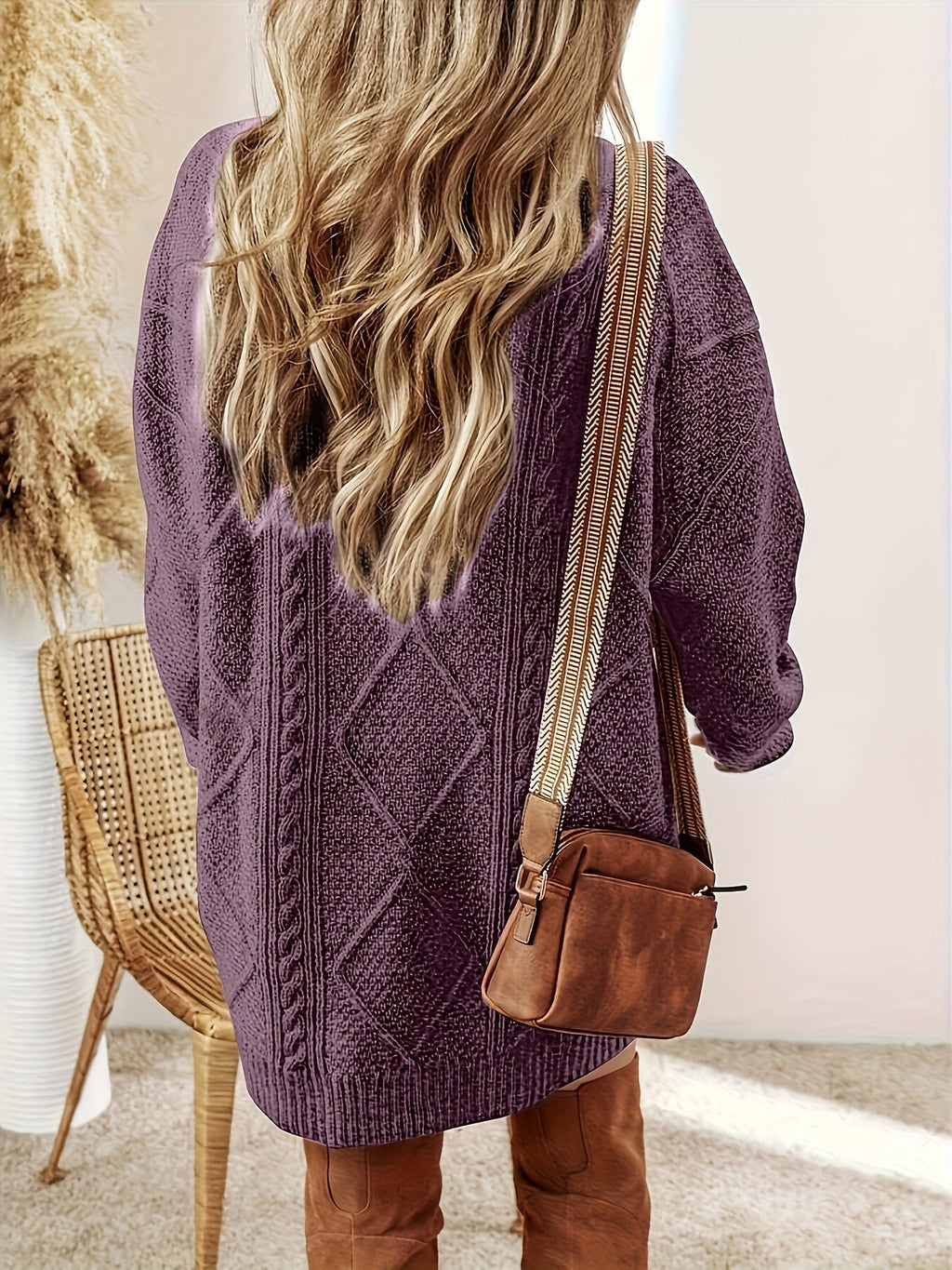 Women's Cable Knit Sweater Dress – Diamond Pattern – view 3