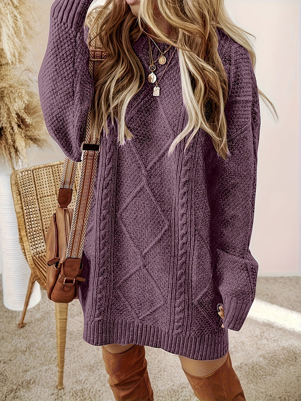 Women's Cable Knit Sweater Dress – Diamond Pattern – view 4