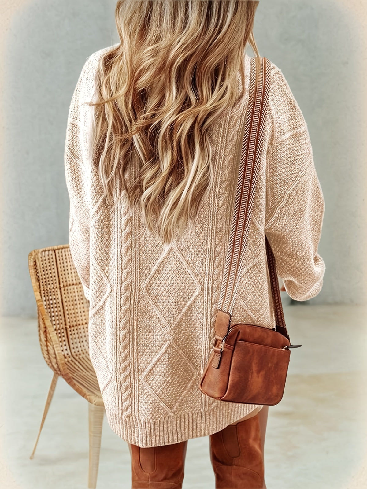 Women's Cable Knit Sweater Dress – Diamond Pattern – view 9