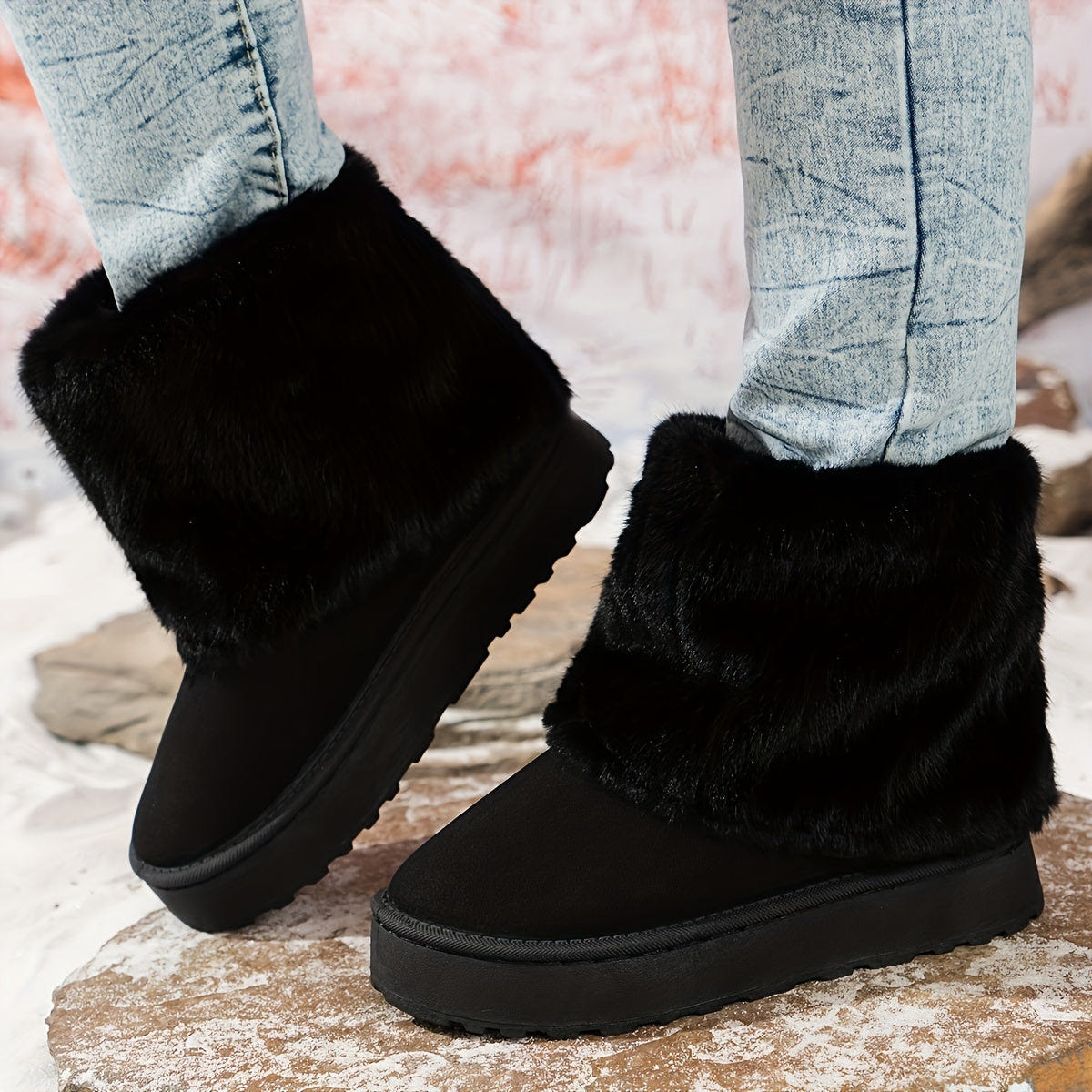 Women's Platform Ankle Boots – Plush Cuff, Slip-On – view 4
