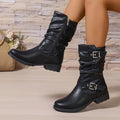 Women's Slouchy Boots in Black – Double Buckle, Side Zip