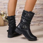 Women's Slouchy Boots – Double Buckle, Side Zip, Black – view 2