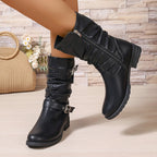 Women's Slouchy Boots – Double Buckle, Side Zip, Black – view 3