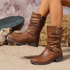 Women's Slouchy Boots – Double Buckle, Side Zip, Black – view 4