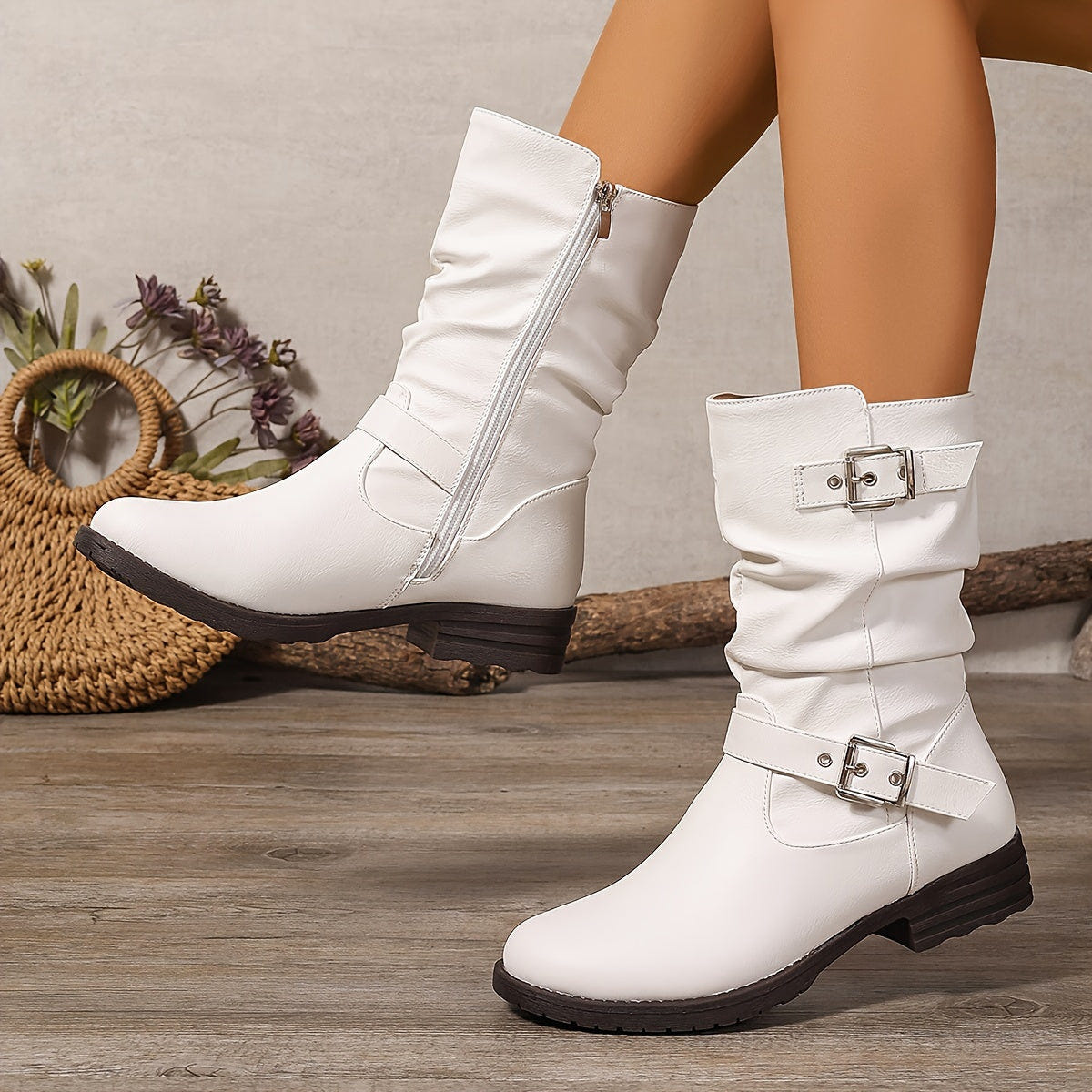 Women's Slouchy Boots – Double Buckle, Side Zip, Black – view 6