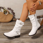 Women's Slouchy Boots – Double Buckle, Side Zip, Black – view 8