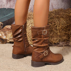 Women's Slouchy Boots – Double Buckle, Side Zip, Black – view 9