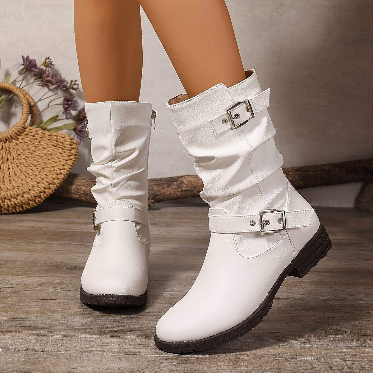 Women's Slouchy Boots – Double Buckle, Side Zip, Black – view 10