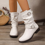 Women's Slouchy Boots – Double Buckle, Side Zip, Black – view 10