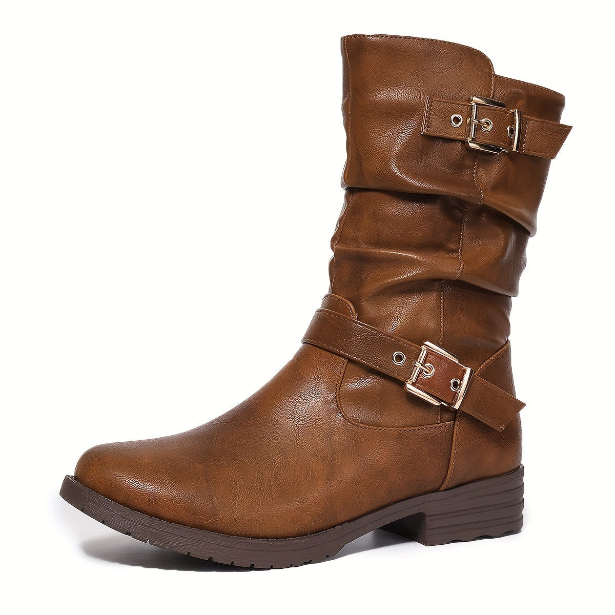 Women's Slouchy Boots – Double Buckle, Side Zip, Black – view 11