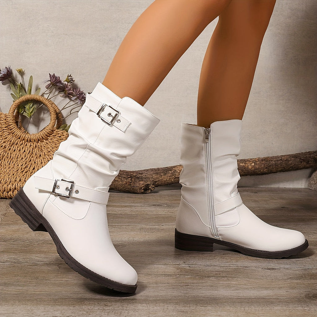 Women's Slouchy Boots – Double Buckle, Side Zip, Black – view 12