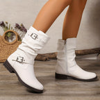 Women's Slouchy Boots – Double Buckle, Side Zip, Black – view 12