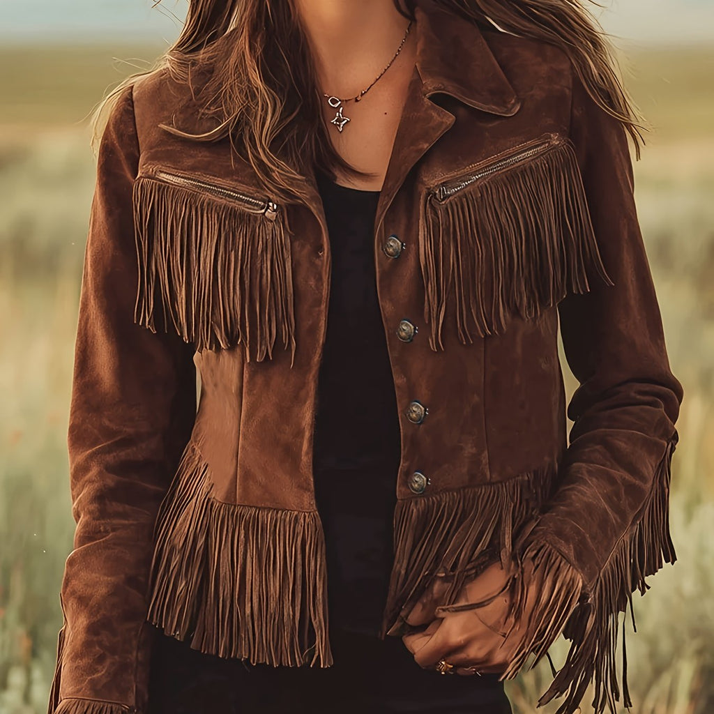 Women's Western Fringe Jacket in Dark Brown – Button Front