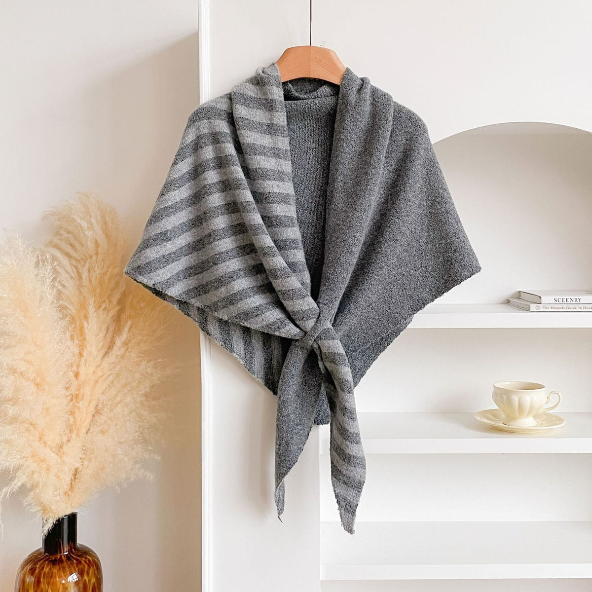Women's Tie Front Shawl Wrap – Gray Half Stripe