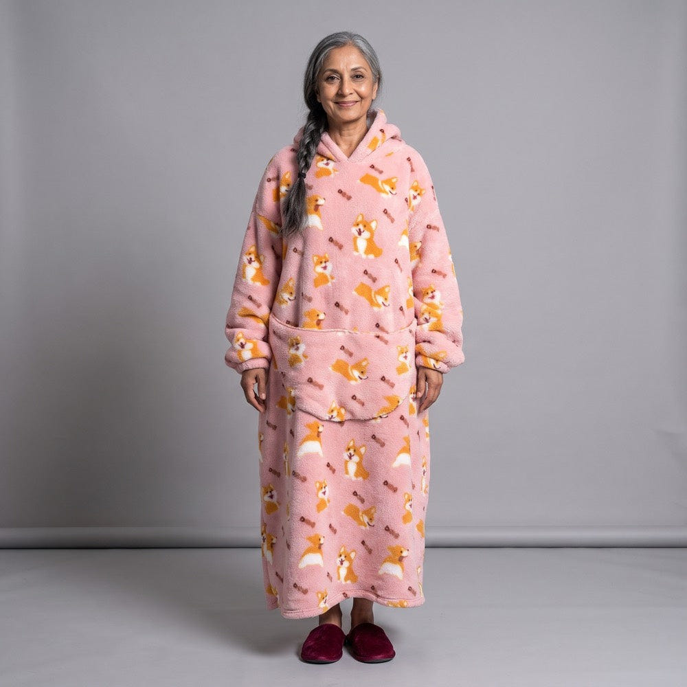 Women's Sherpa Fleece Blanket Hoodie – Corgi Print, Pink, alternative view