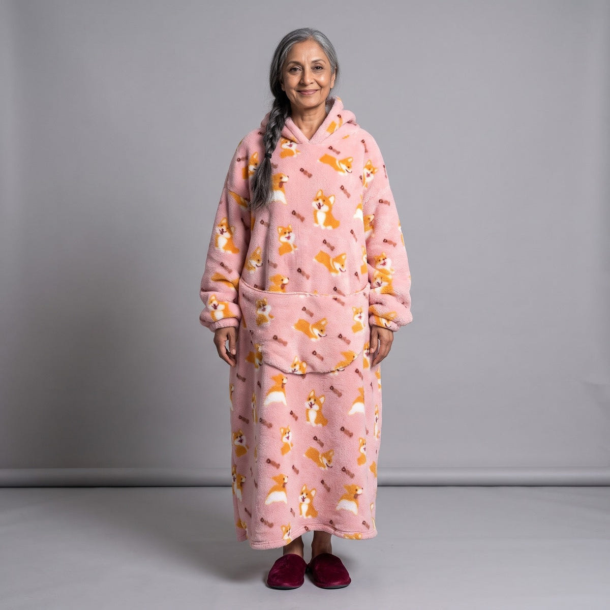 Women's Sherpa Fleece Blanket Hoodie – Corgi Print, Pink
