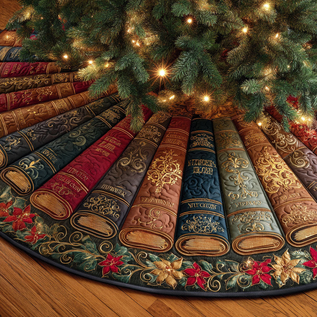 Quilted Christmas Tree Skirt – Vintage Books and Poinsettias in Brown/Dark Green/Burgundy